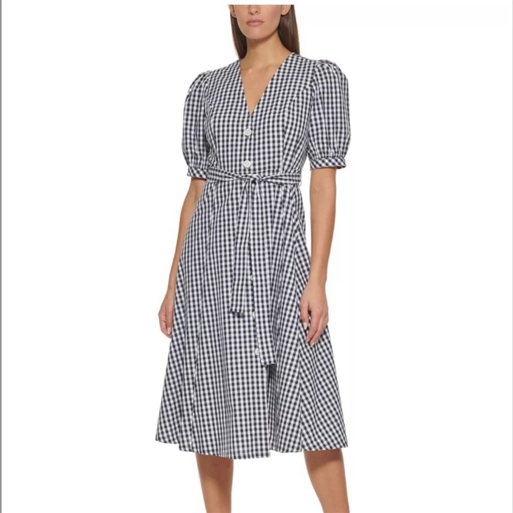Tommy Hilfiger Blue and White Gingham Plaid Midi Dress